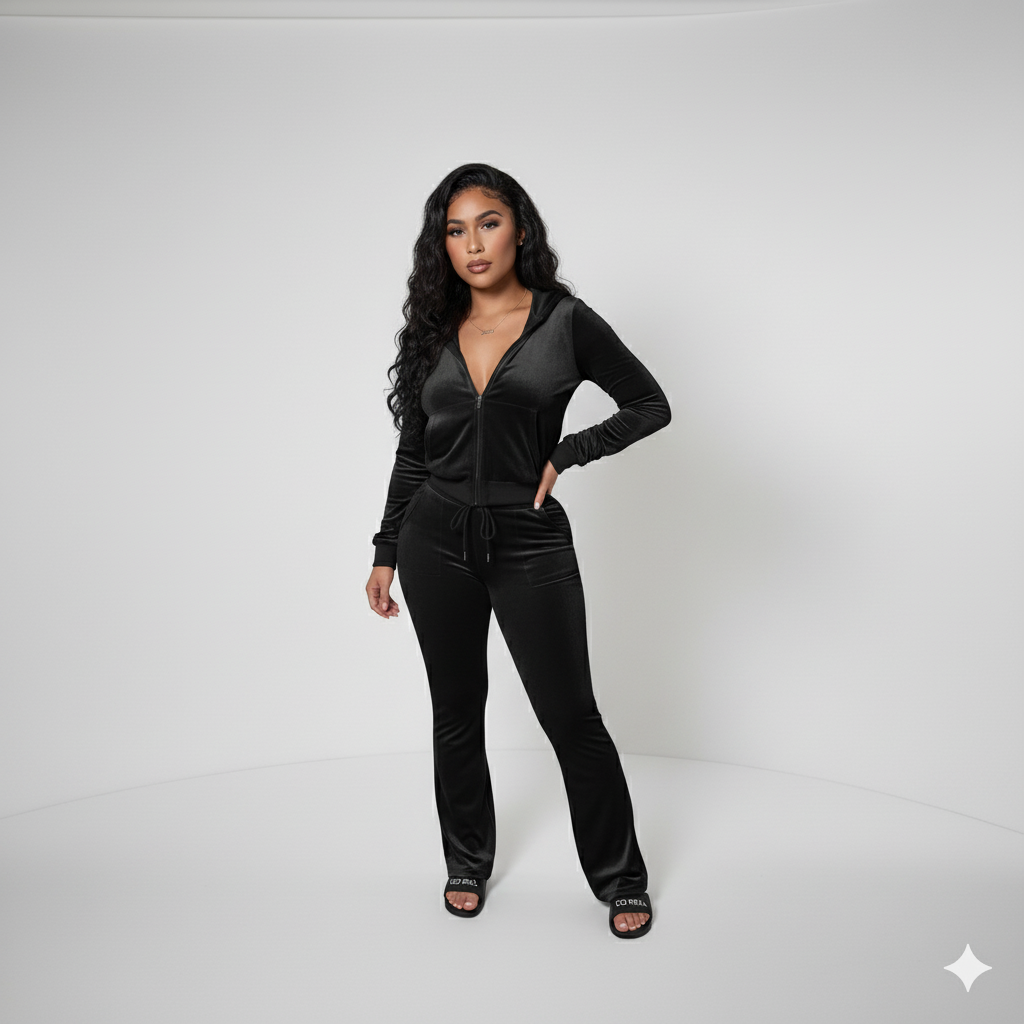 Velour Tracksuit - Black - 2 Pcs Set