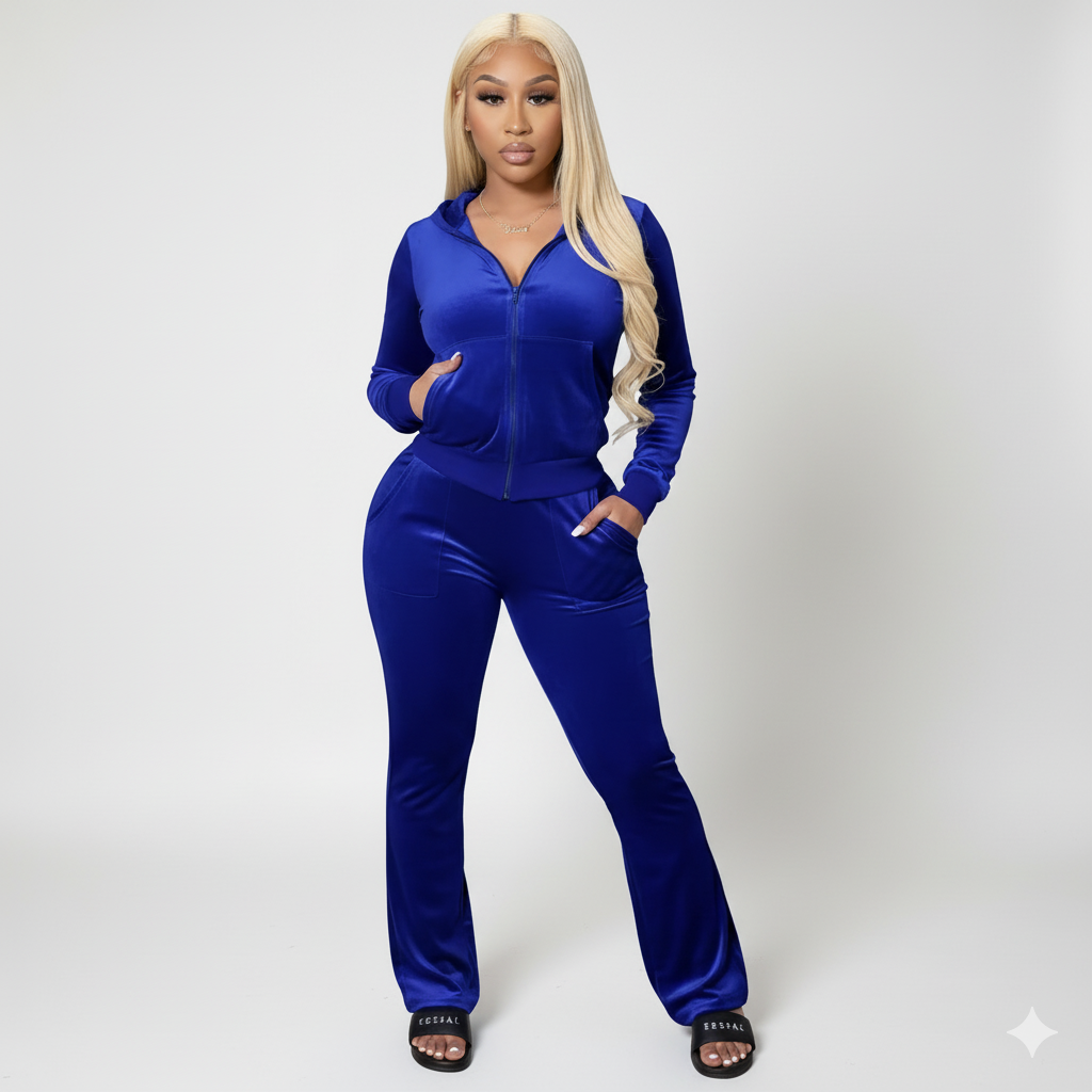 Velour Tracksuit - Blue - 2 Pcs Set