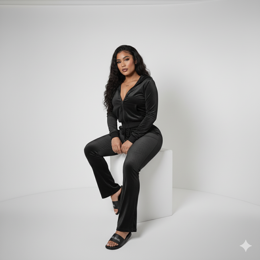 Velour Tracksuit - Black - 2 Pcs Set