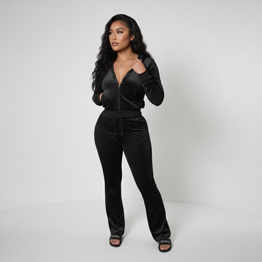 Velour Tracksuit - Black - 2 Pcs Set