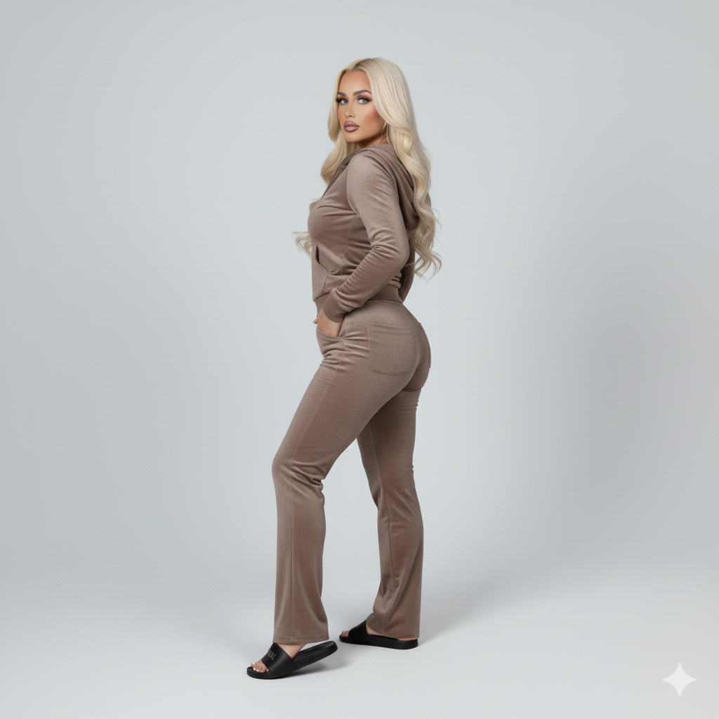 Velour Tracksuit - Khaki - 2 Pcs Set