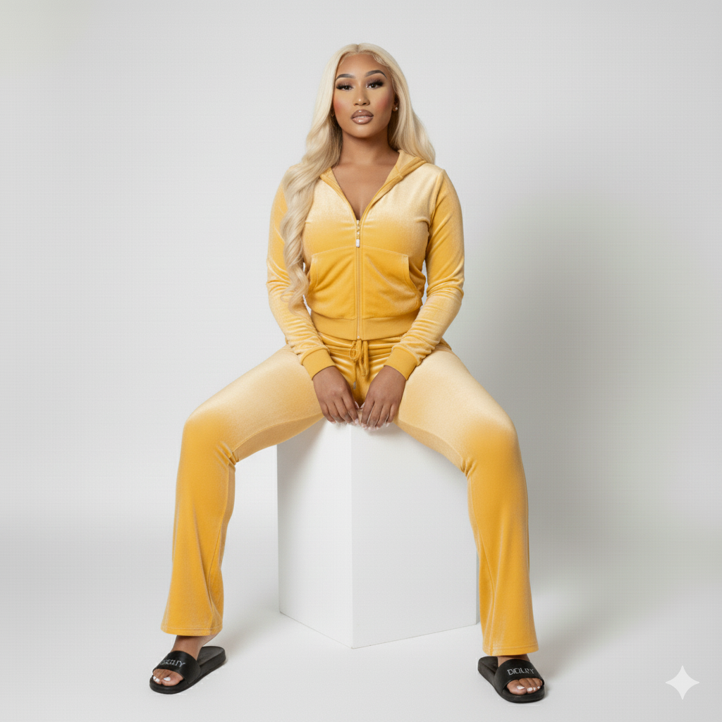 Velour Tracksuit - Yellow - 2 Pcs Set