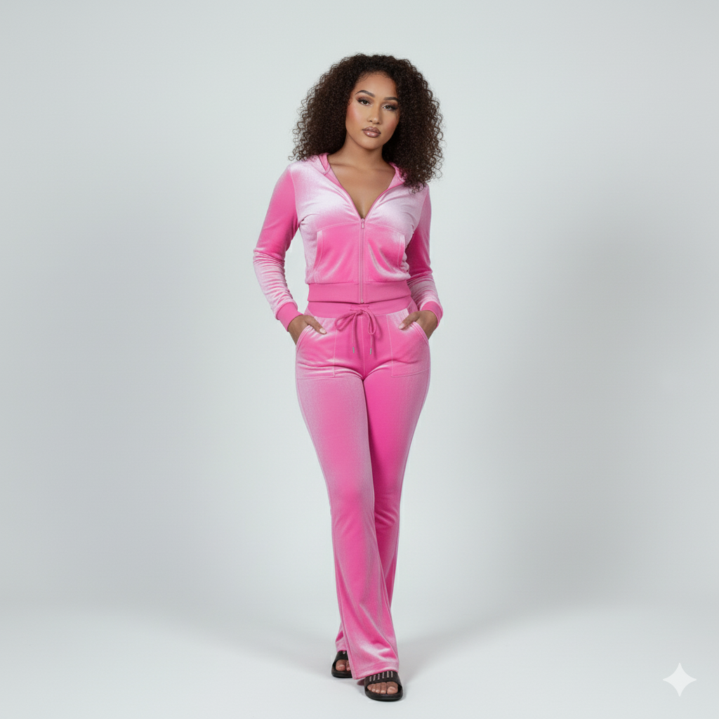 Velour Tracksuit - Pink - 2 Pcs Set