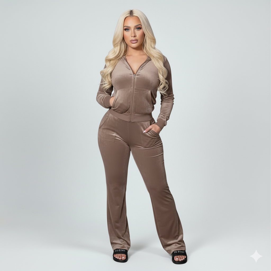 Velour Tracksuit - Khaki - 2 Pcs Set
