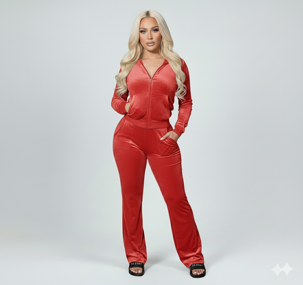 Velour Tracksuit - Red - 2 Pcs Set
