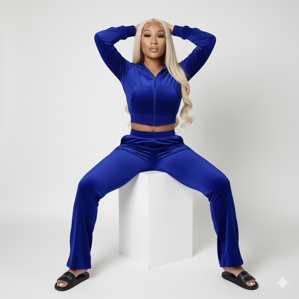 Velour Tracksuit - Blue - 2 Pcs Set