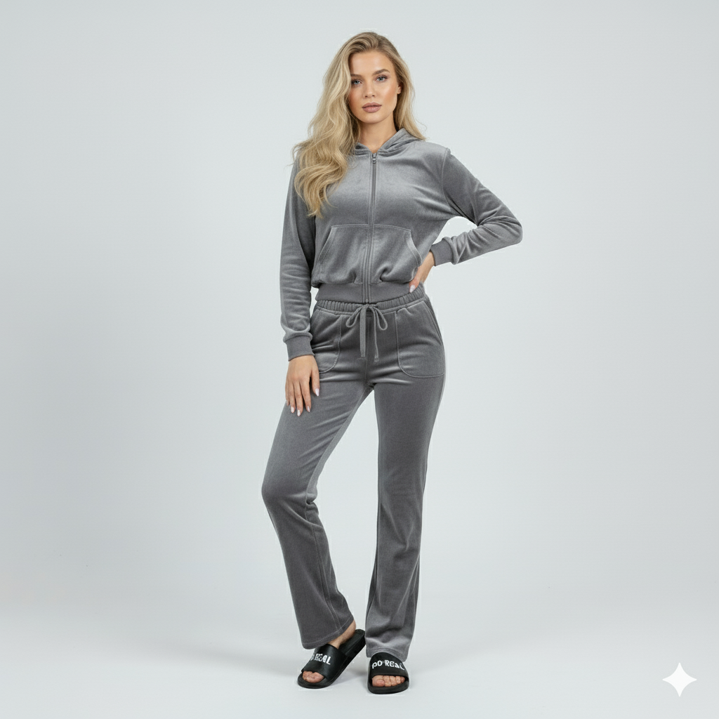 Velour Tracksuit - Gray - 2 Pcs Set