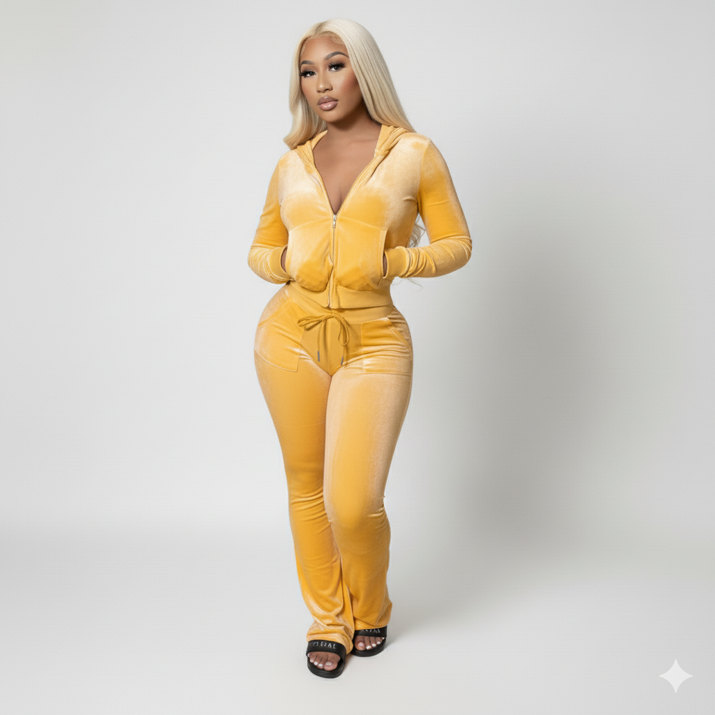 Velour Tracksuit - Yellow - 2 Pcs Set