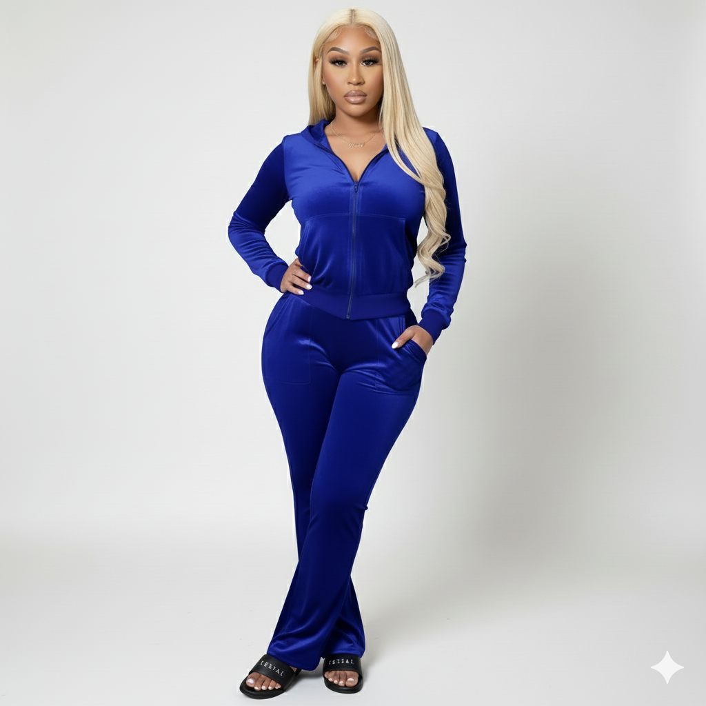 Velour Tracksuit - Blue - 2 Pcs Set