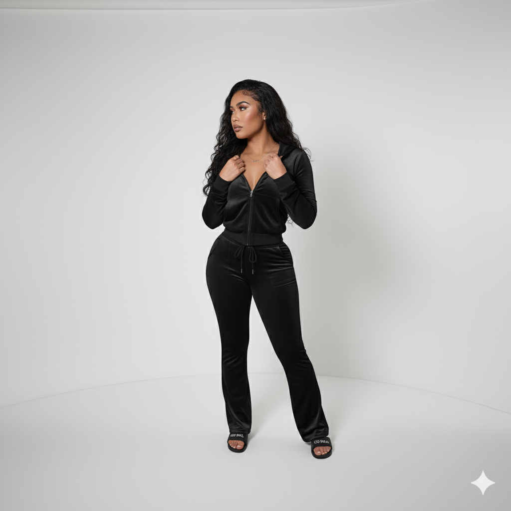 Velour Tracksuit - Black - 2 Pcs Set