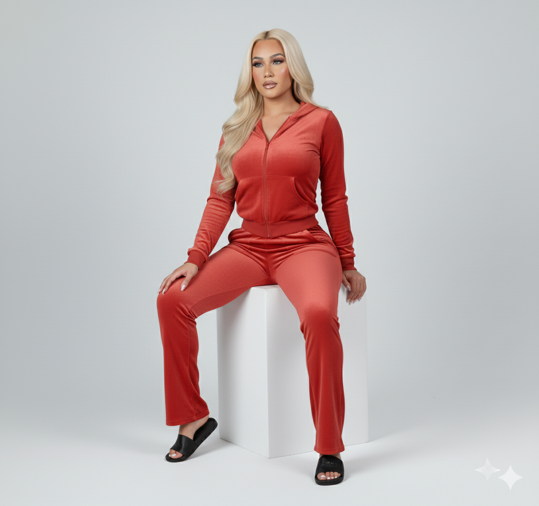 Velour Tracksuit - Red - 2 Pcs Set