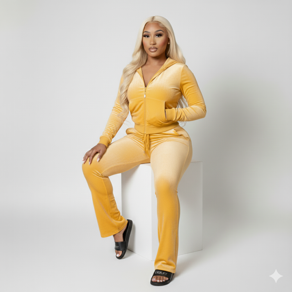 Velour Tracksuit - Yellow - 2 Pcs Set