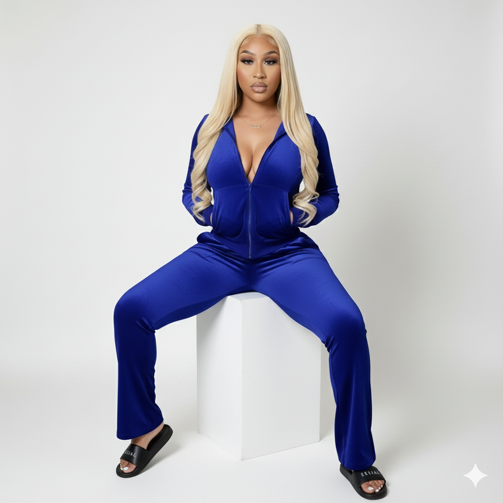 Velour Tracksuit - Blue - 2 Pcs Set