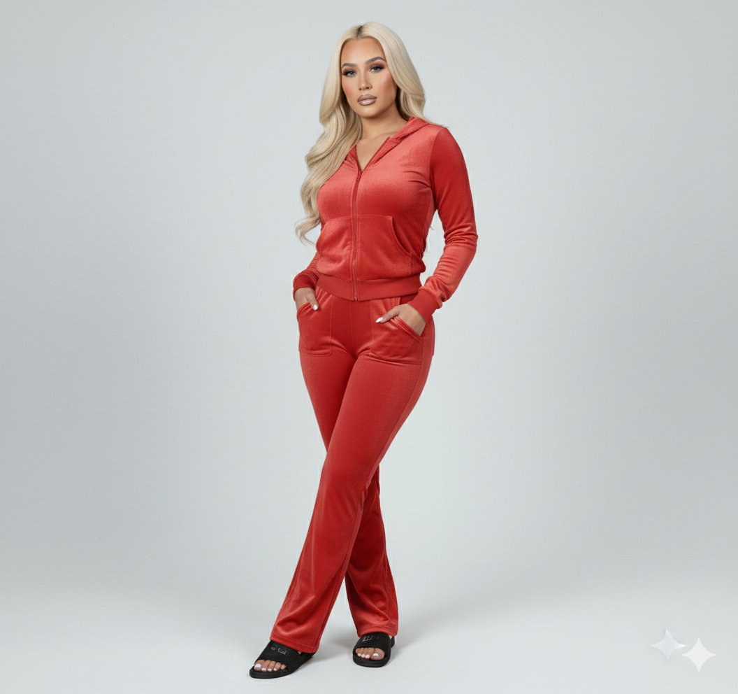 Velour Tracksuit - Red - 2 Pcs Set
