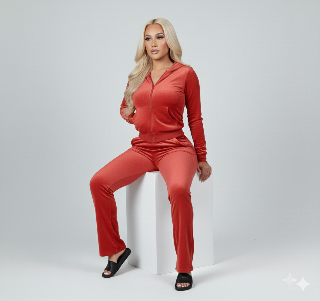 Velour Tracksuit - Red - 2 Pcs Set