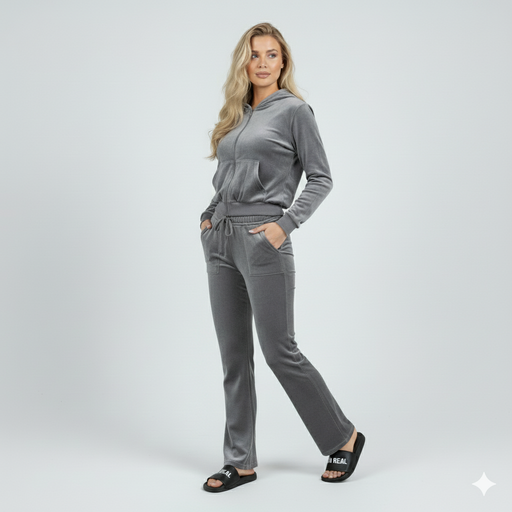 Velour Tracksuit - Gray - 2 Pcs Set