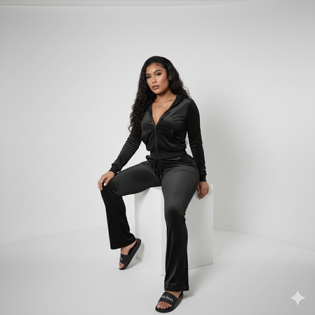 Velour Tracksuit - Black - 2 Pcs Set