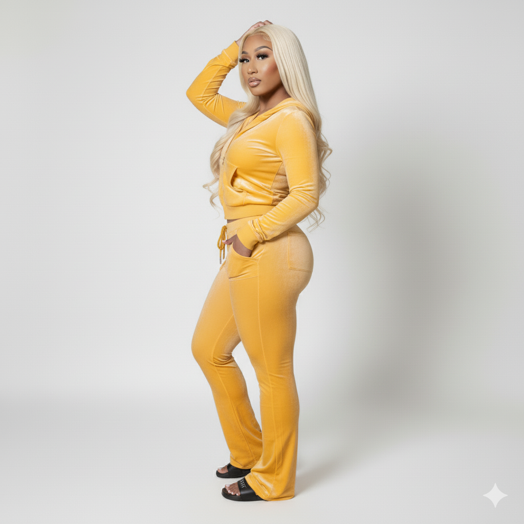 Velour Tracksuit - Yellow - 2 Pcs Set