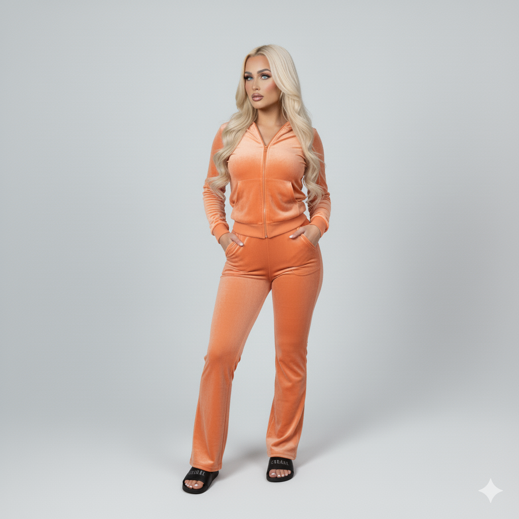 Velour Tracksuit - Orange - 2 Pcs Set