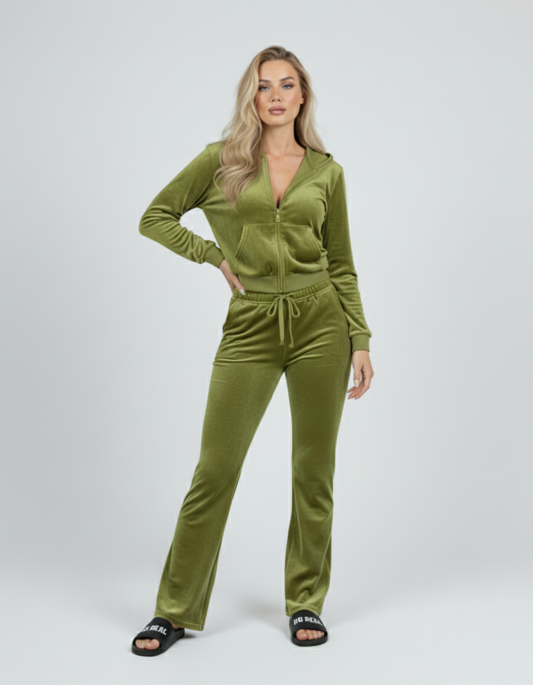 Velour Tracksuit - Green - 2 Pcs Set